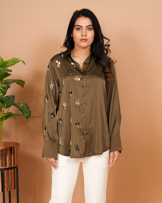 Olive shirt with Hand Embroidery