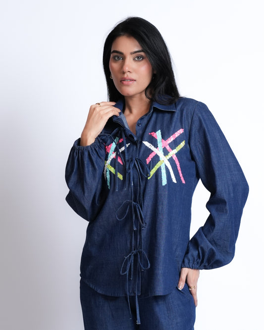 Multi Matte Sequin Embroidery Denim Shirt