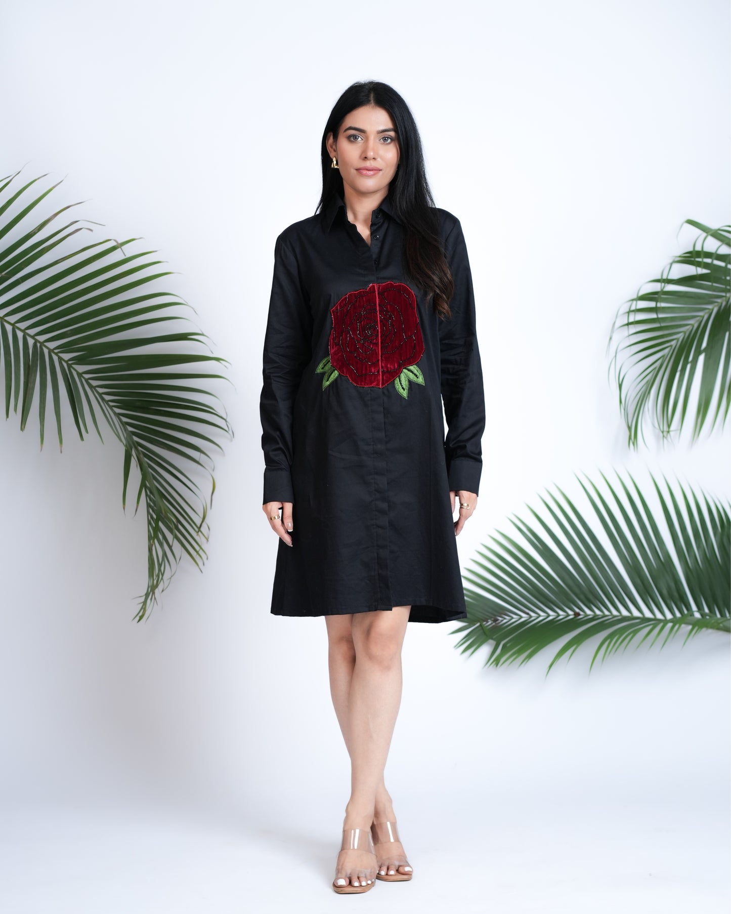 Black Shirt Dress with Velvet Rose Embroidery