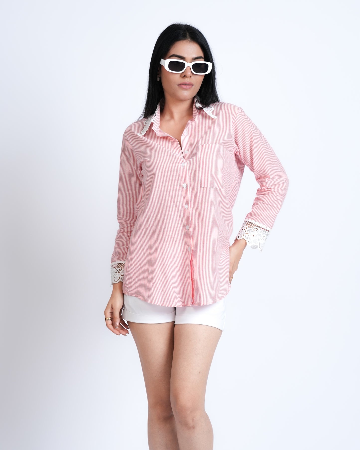 Pink & White Striped Shirt with Lace Detailing