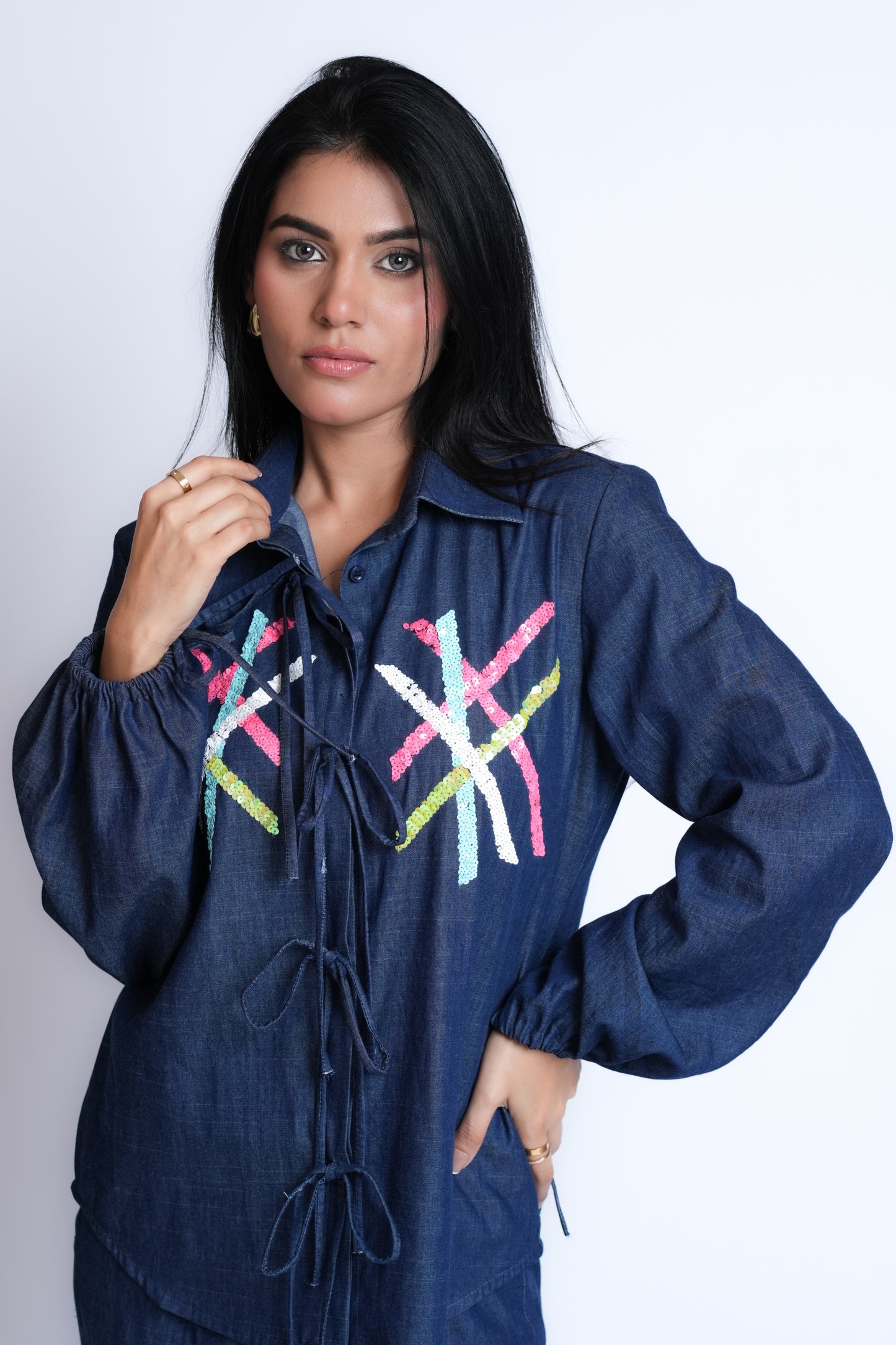 Multi Matte Sequin Embroidery Denim Shirt