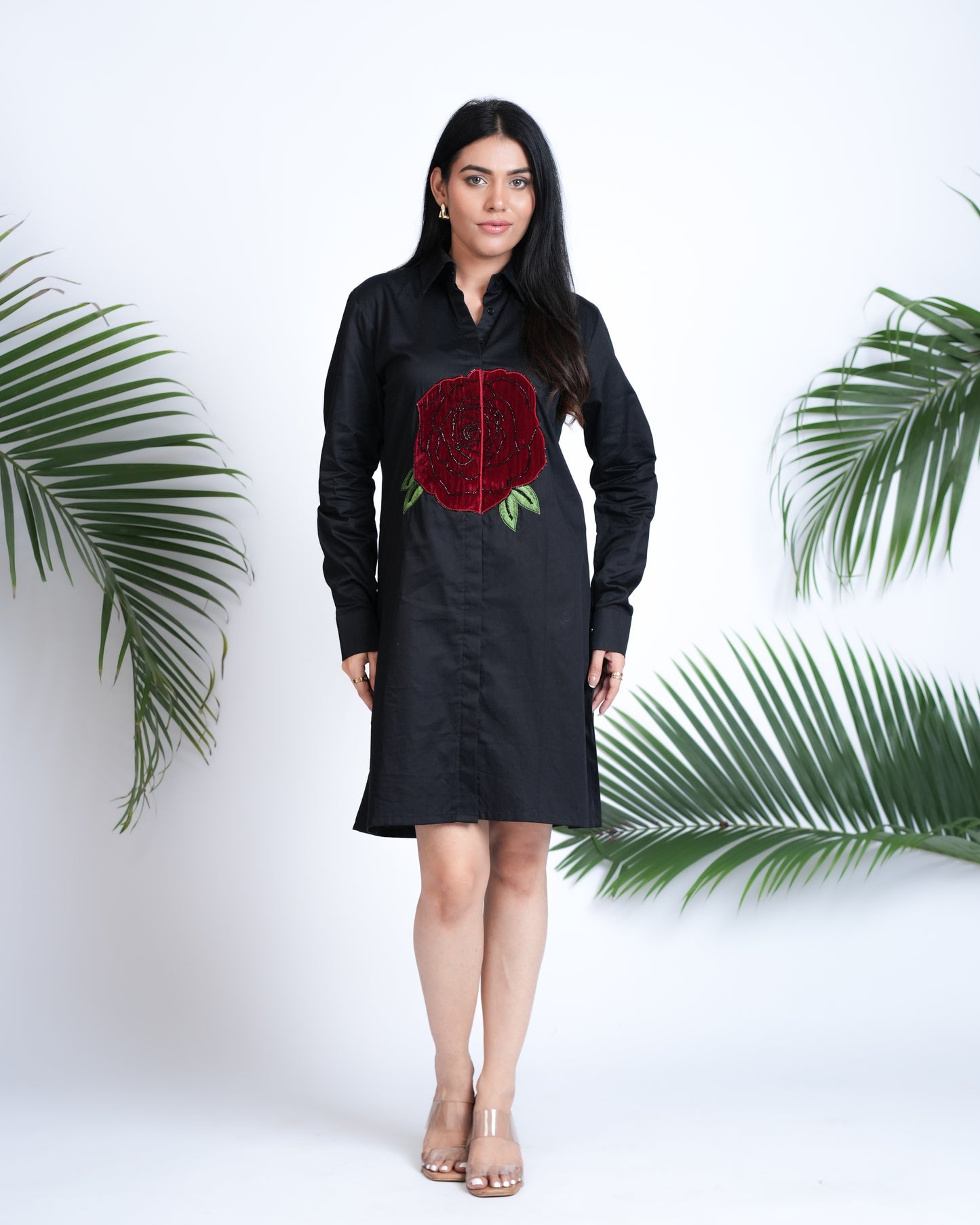 Black Shirt Dress with Velvet Rose Embroidery