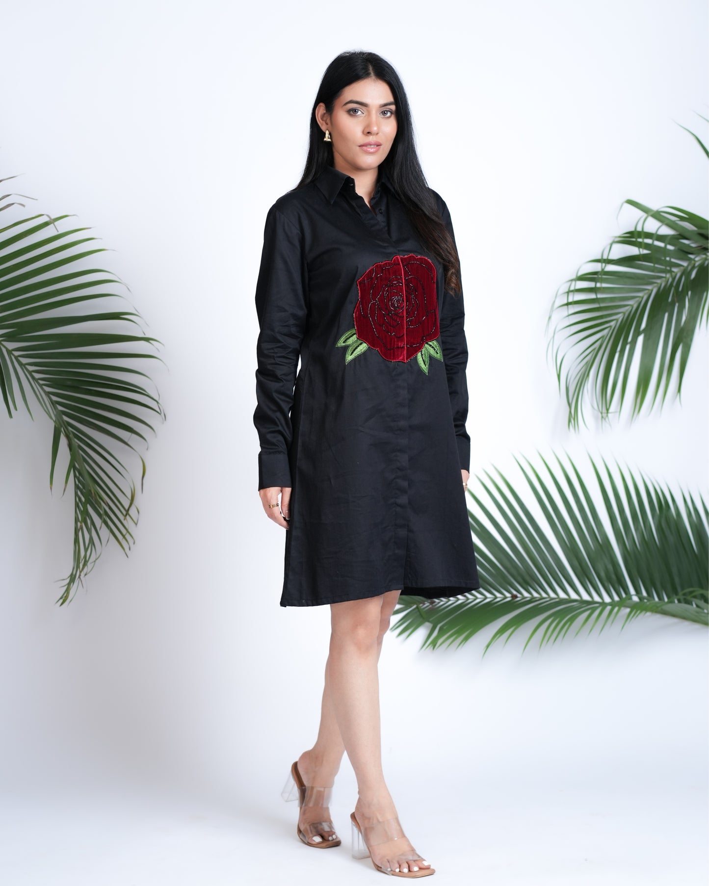 Black Shirt Dress with Velvet Rose Embroidery