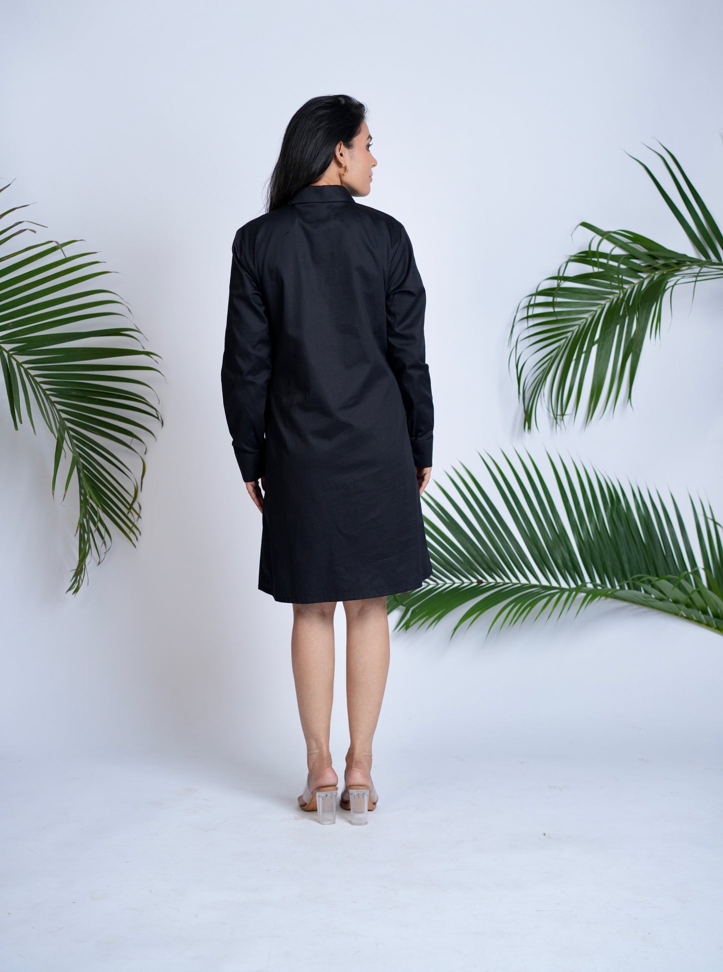 Black Shirt Dress with Velvet Rose Embroidery