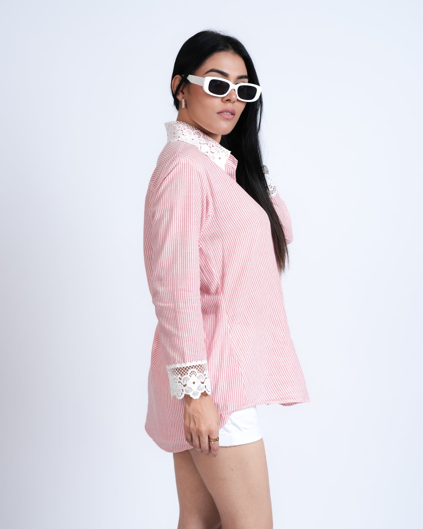 Pink & White Striped Shirt with Lace Detailing