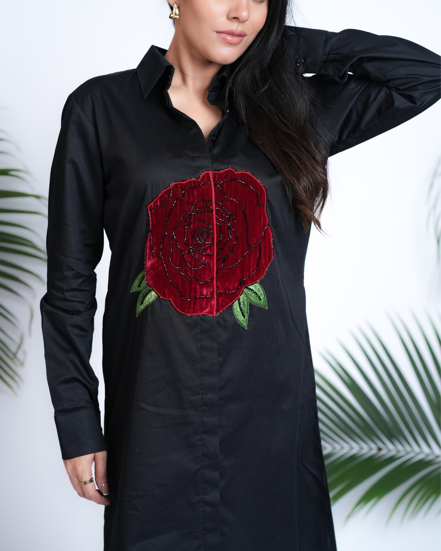 Black Shirt Dress with Velvet Rose Embroidery