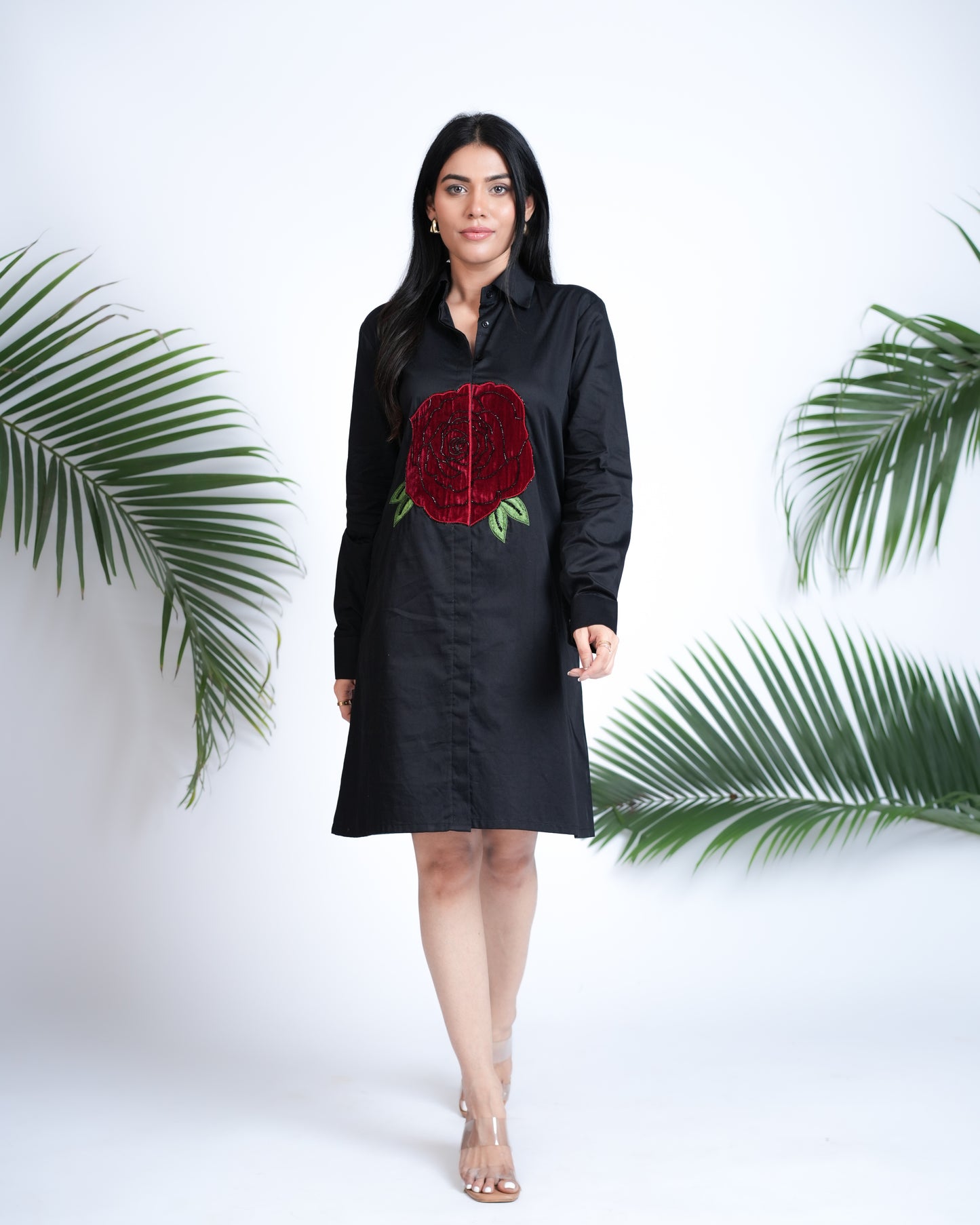 Black Shirt Dress with Velvet Rose Embroidery