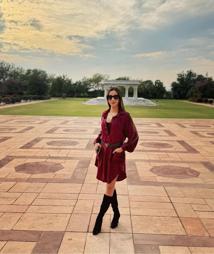 Wine Velvet Shirt Dress