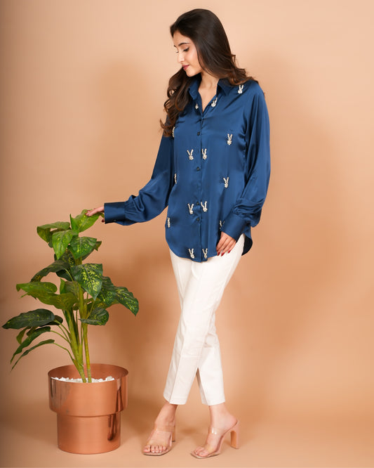 Blue Satin Stone Embroidered Shirt