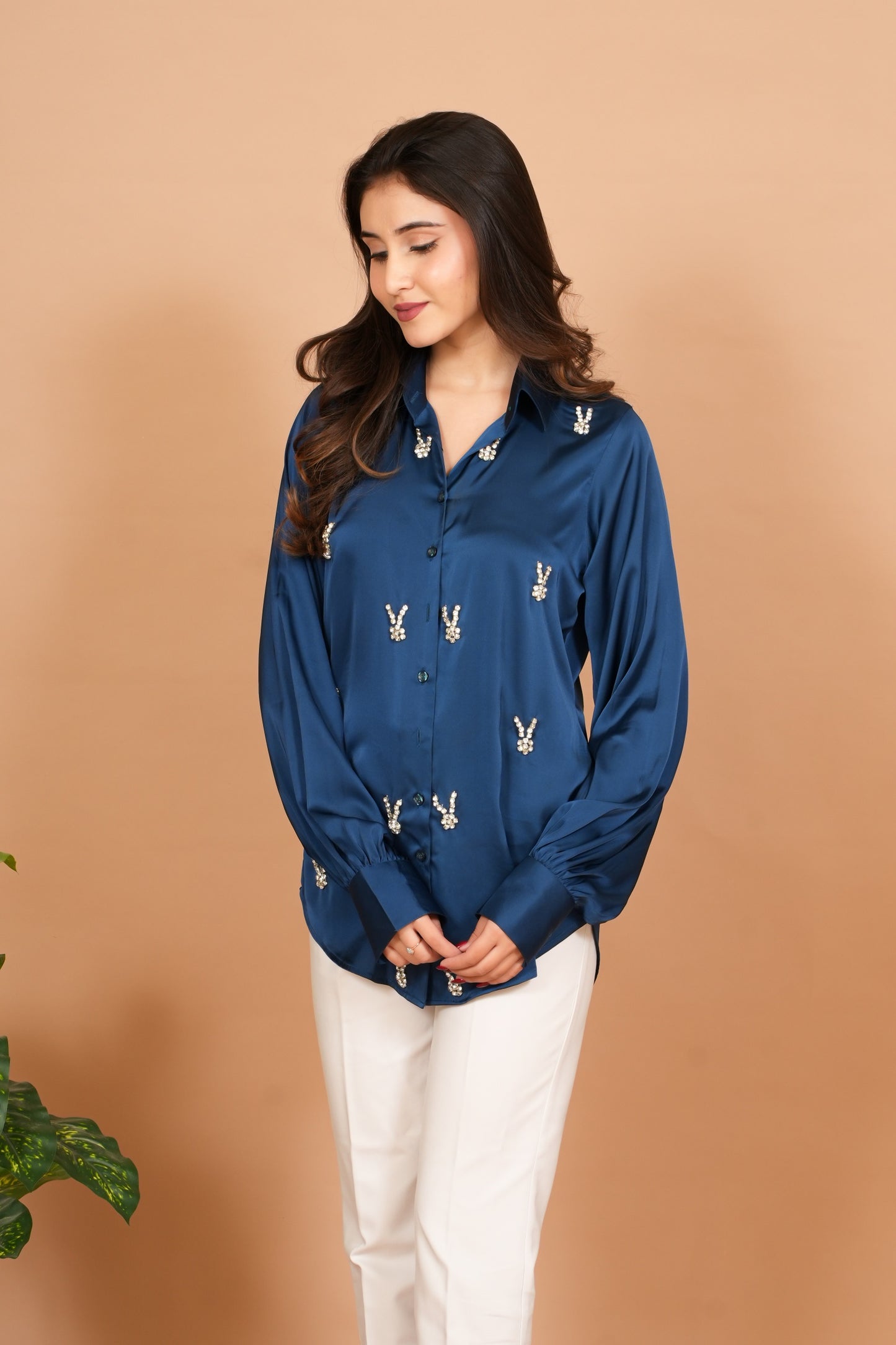 Blue Satin Stone Embroidered Shirt