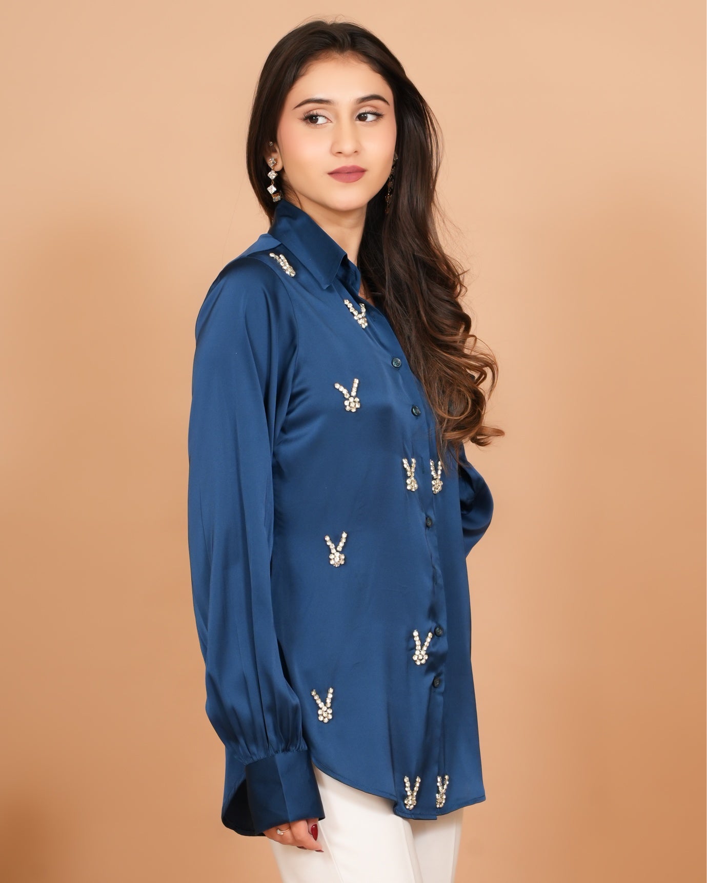 Blue Satin Stone Embroidered Shirt