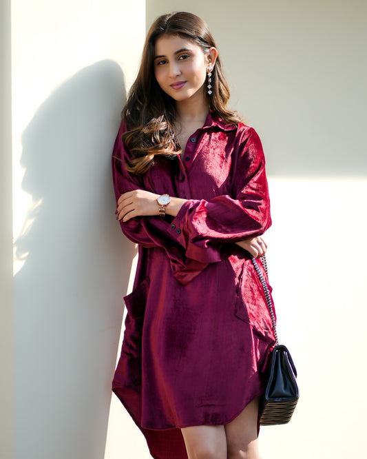 Wine Velvet Shirt Dress