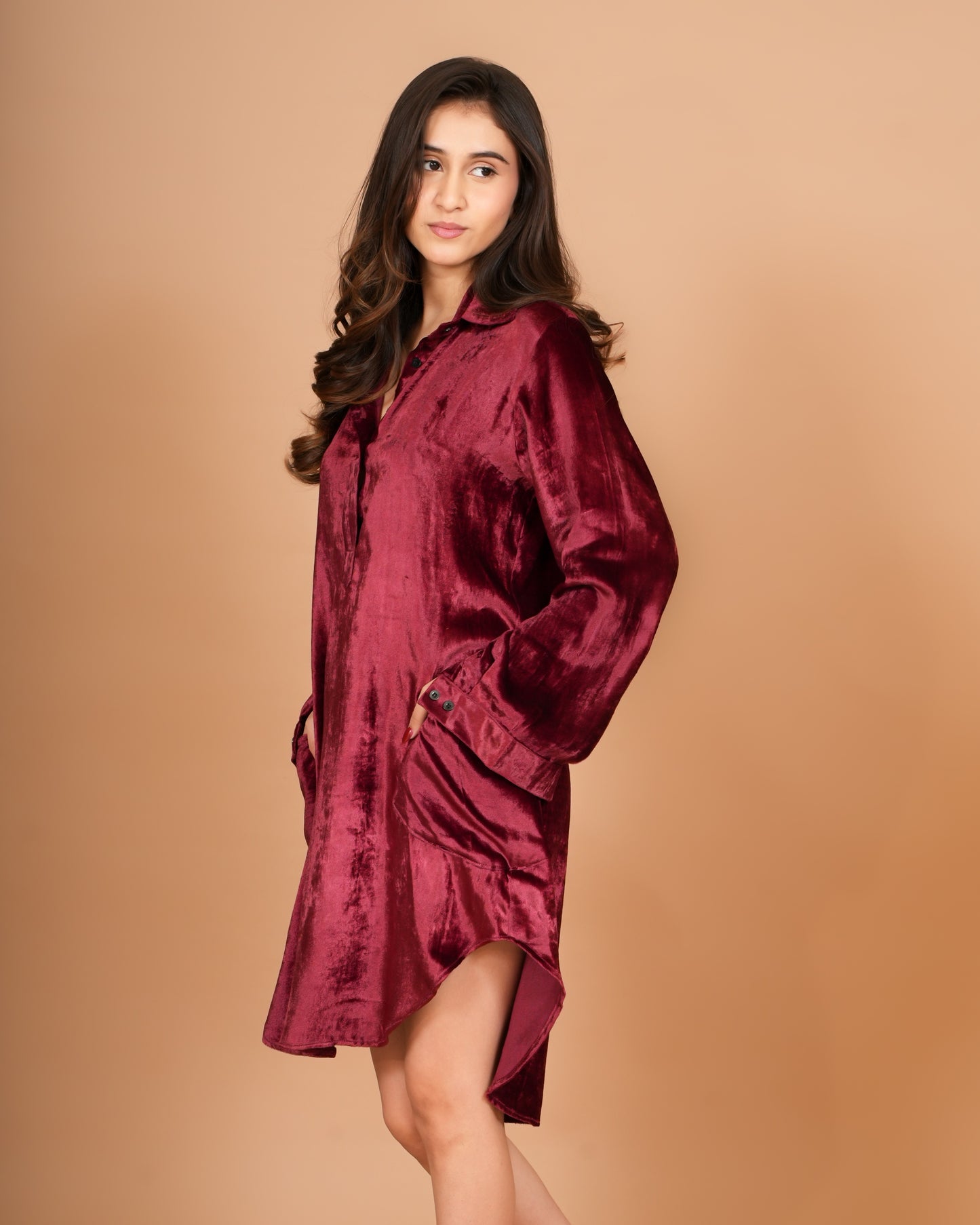 Wine Velvet Shirt Dress